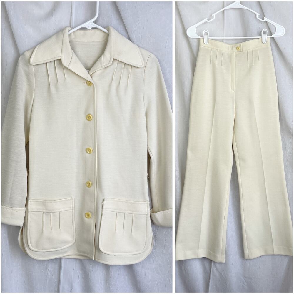 VTG 70’s Cream Blazer Jacket & High Waist Wide Leg Pants Suit Set Retro Size XS